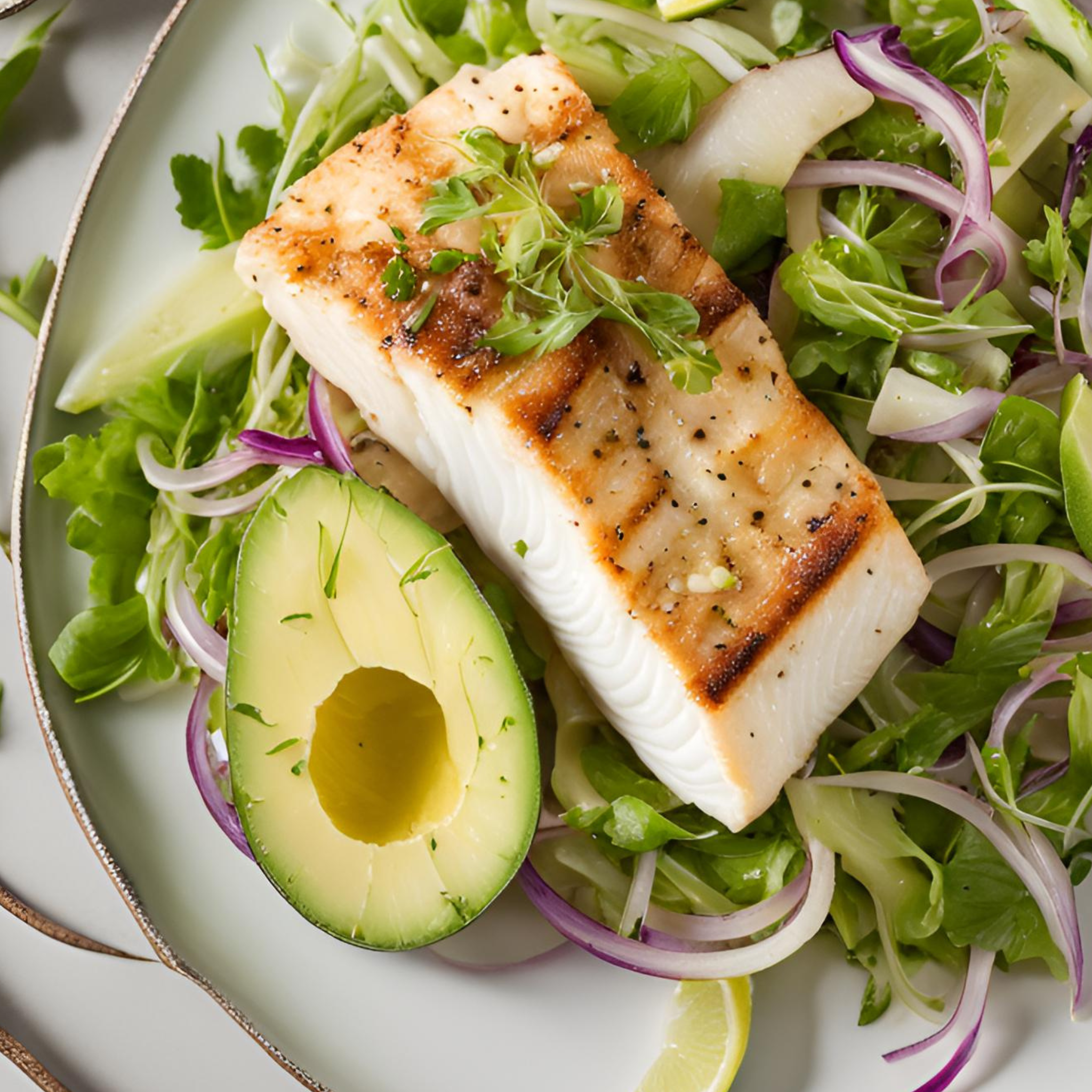 Gebratener Heilbutt mit Fenchel-Avocado-Gemüse