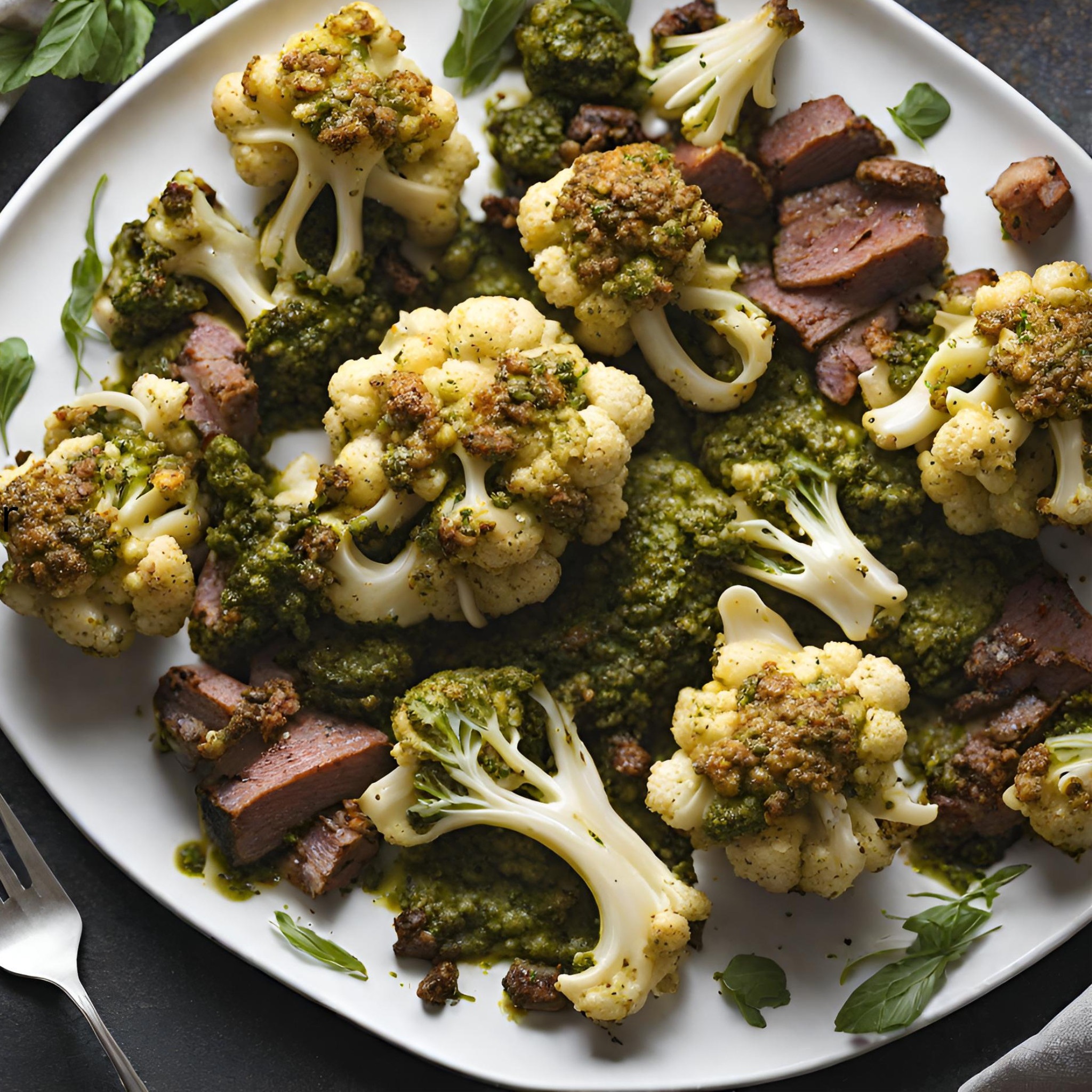 Blumenkohl mit Rindfleisch und Pesto