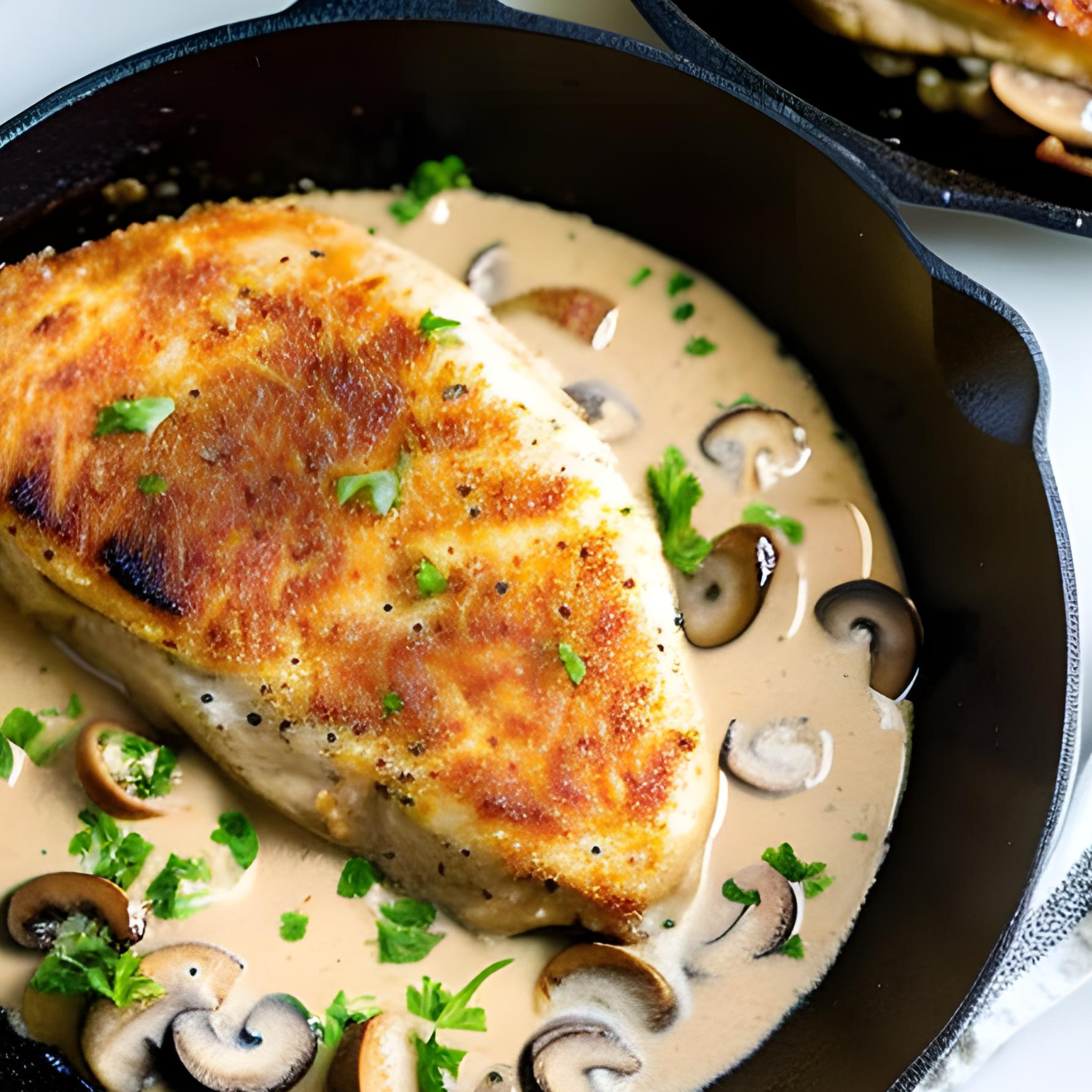 Hühnersteak mit Knoblauch-Pilz-Sauce in Banenchipspanade