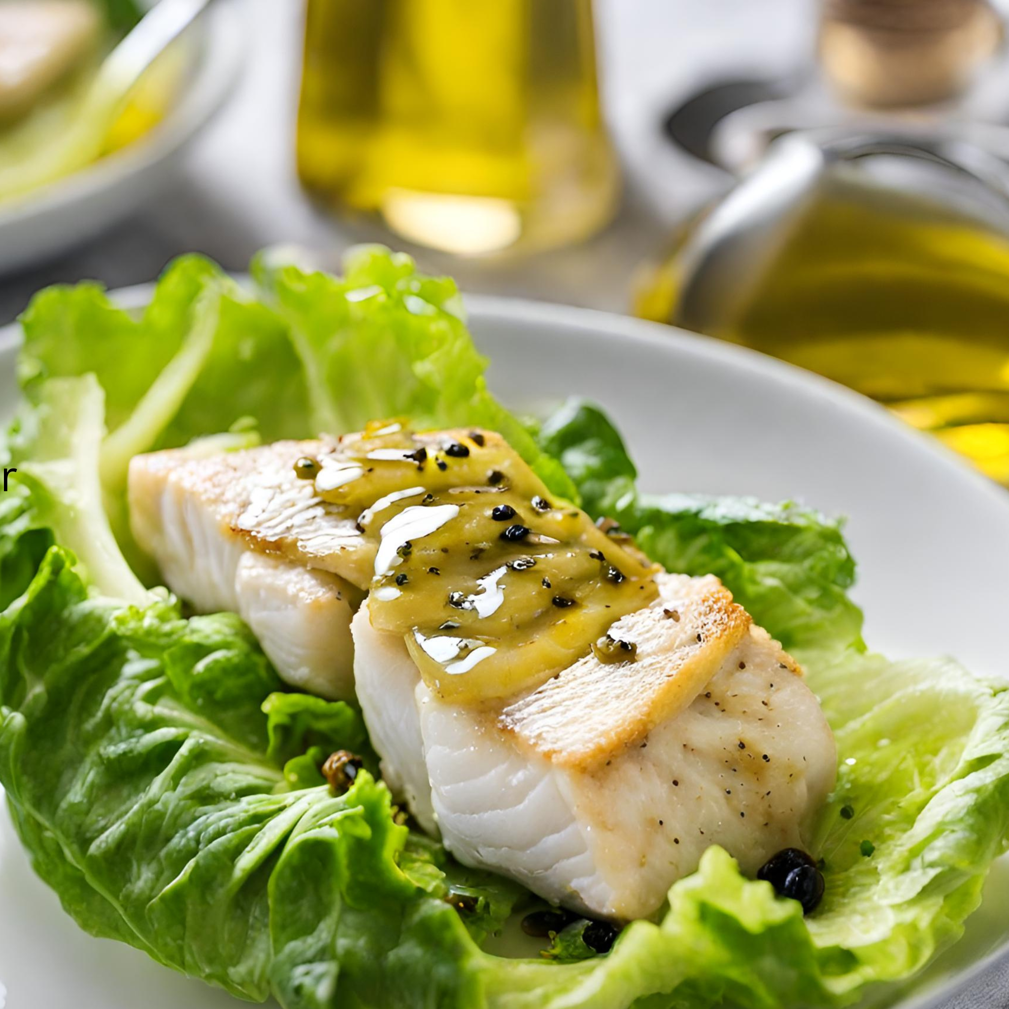 Kabeljau auf Romana-Salat mit Olivenöl-Dressing