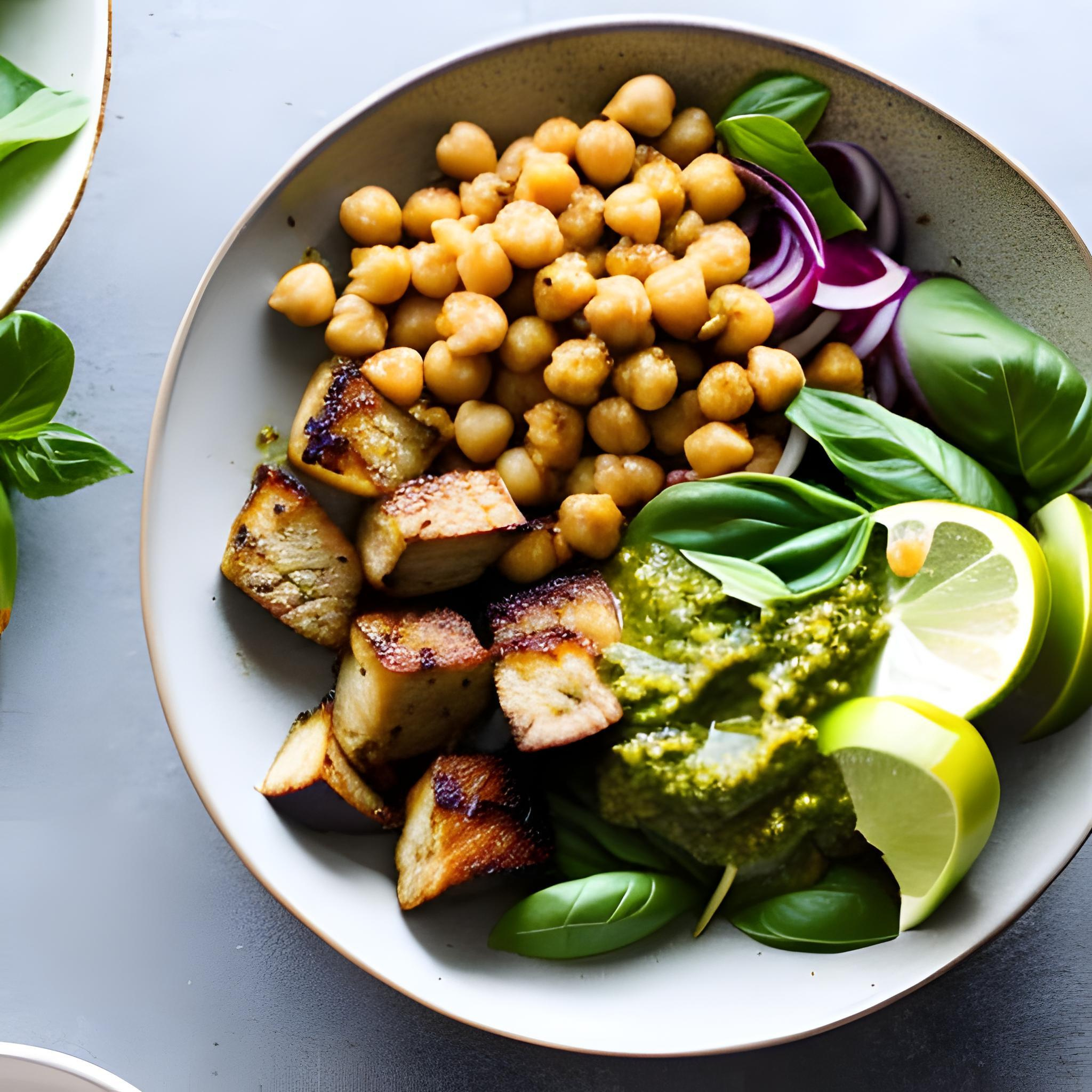 Herzhaftes Knoblauch-Rindfleisch mit Kichererbsen und Pesto