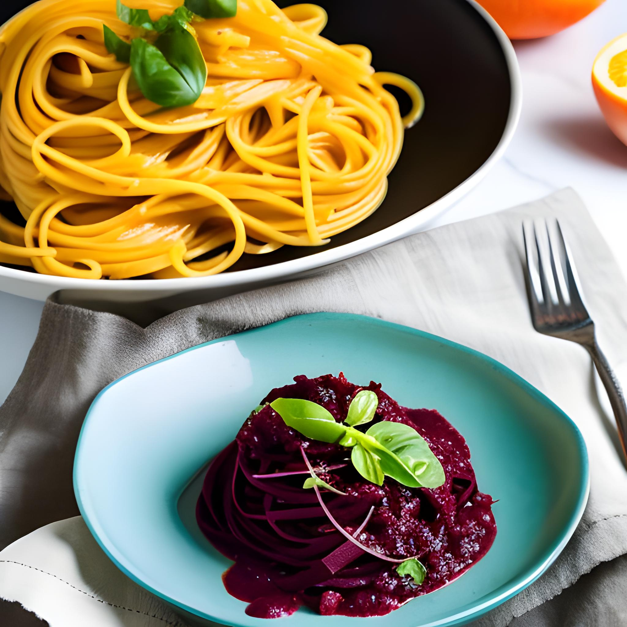 Süßkartoffel-Nudeln mit Macadamia-Kohl-Pesto mit gerösteter Rote Bete