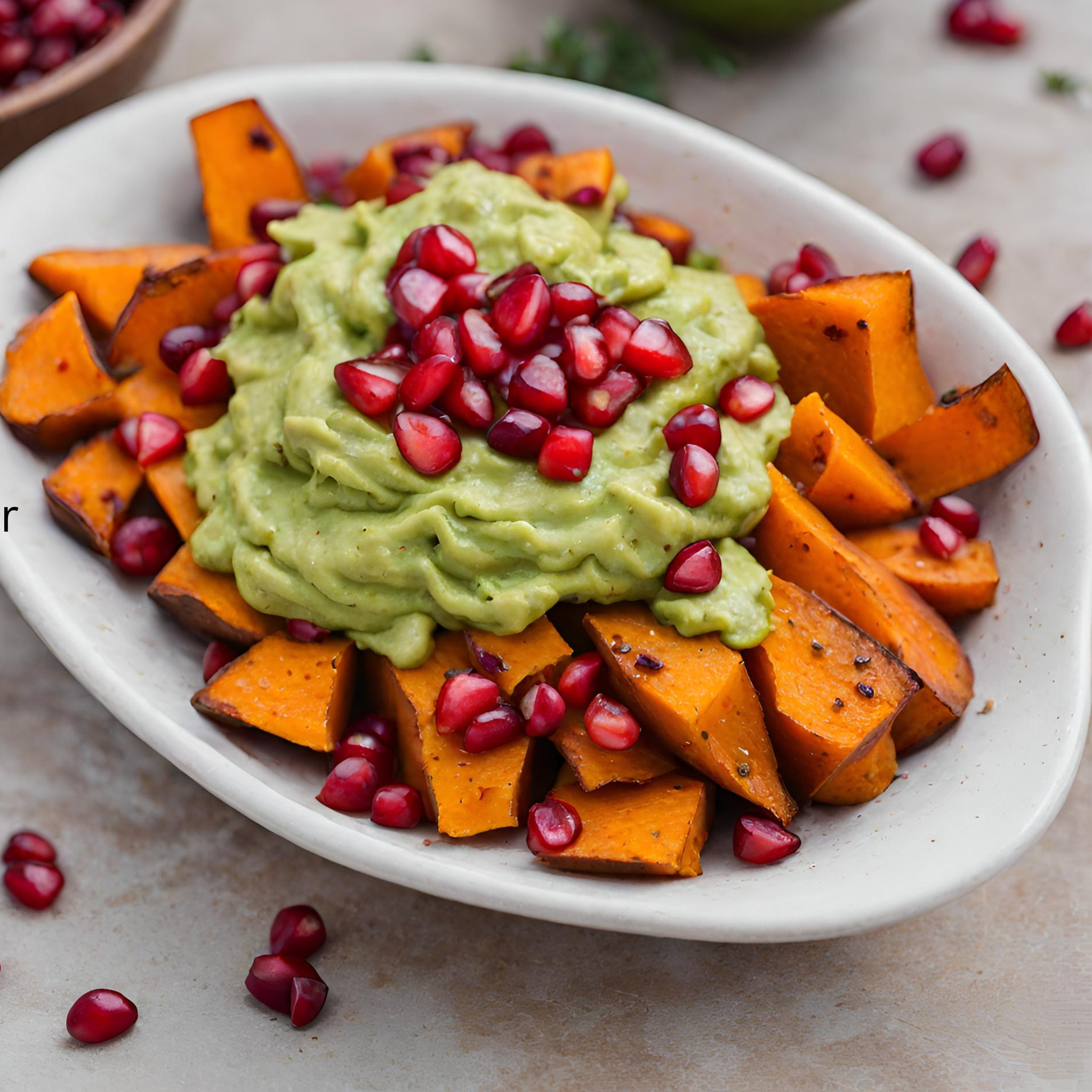 Süßkartoffeln mit Guacamole und Granatapfelkernen