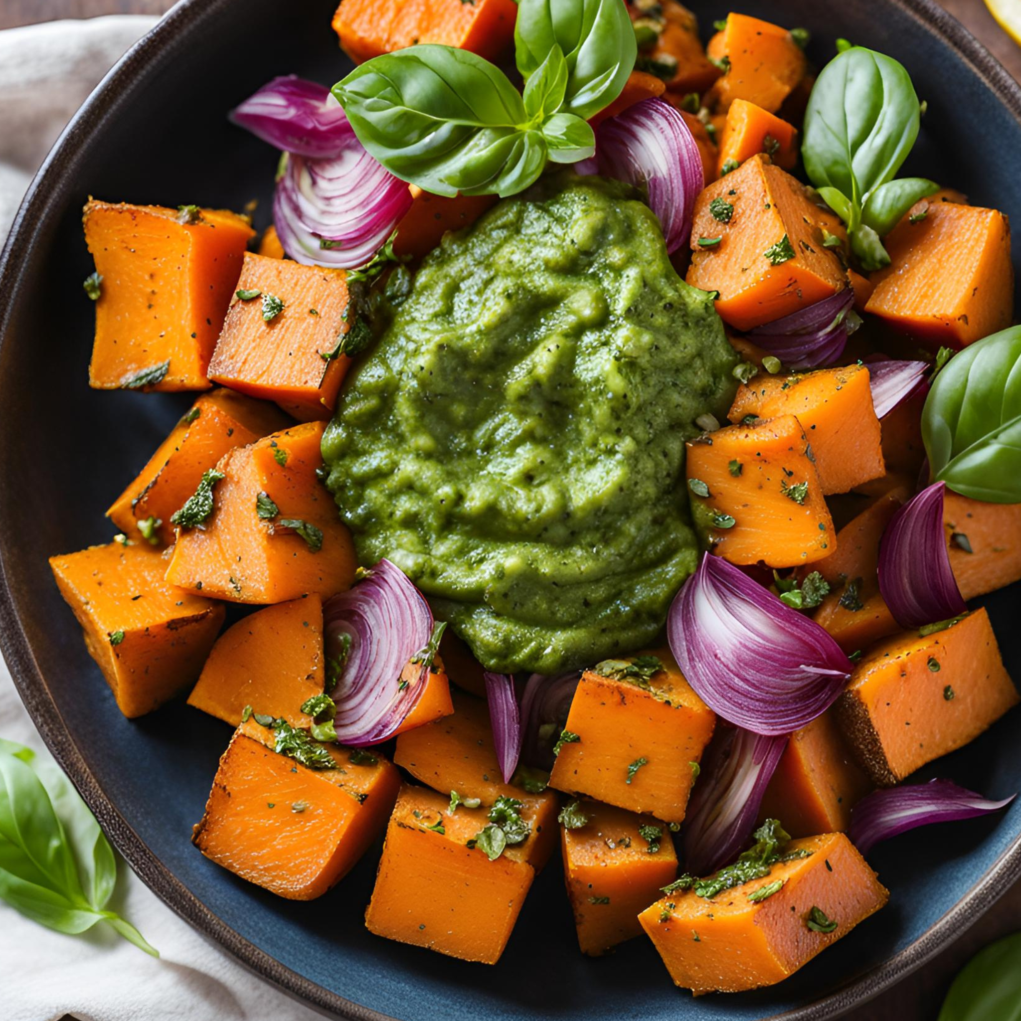 Süßkartoffelsalat mit Basilikum-Pesto